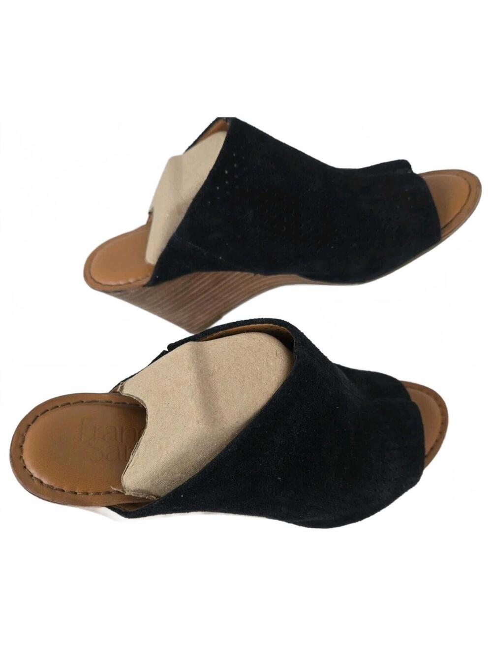 Franco Sarto Wedge Black Leather Perforated Slip On Sandals Size 6.5